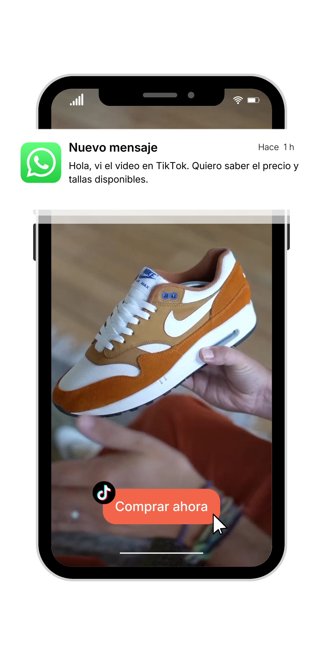 Ejemplo visual de cómo un anuncio de TikTok Ads genera leads directos a una conversación de venta en WhatsApp Business